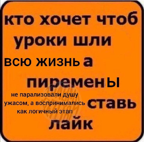 кто хочет чтоб уроки шли всю жизнь а пиремены не парализовали душу ужасом, а воспринимались ста как логичный этап лайк