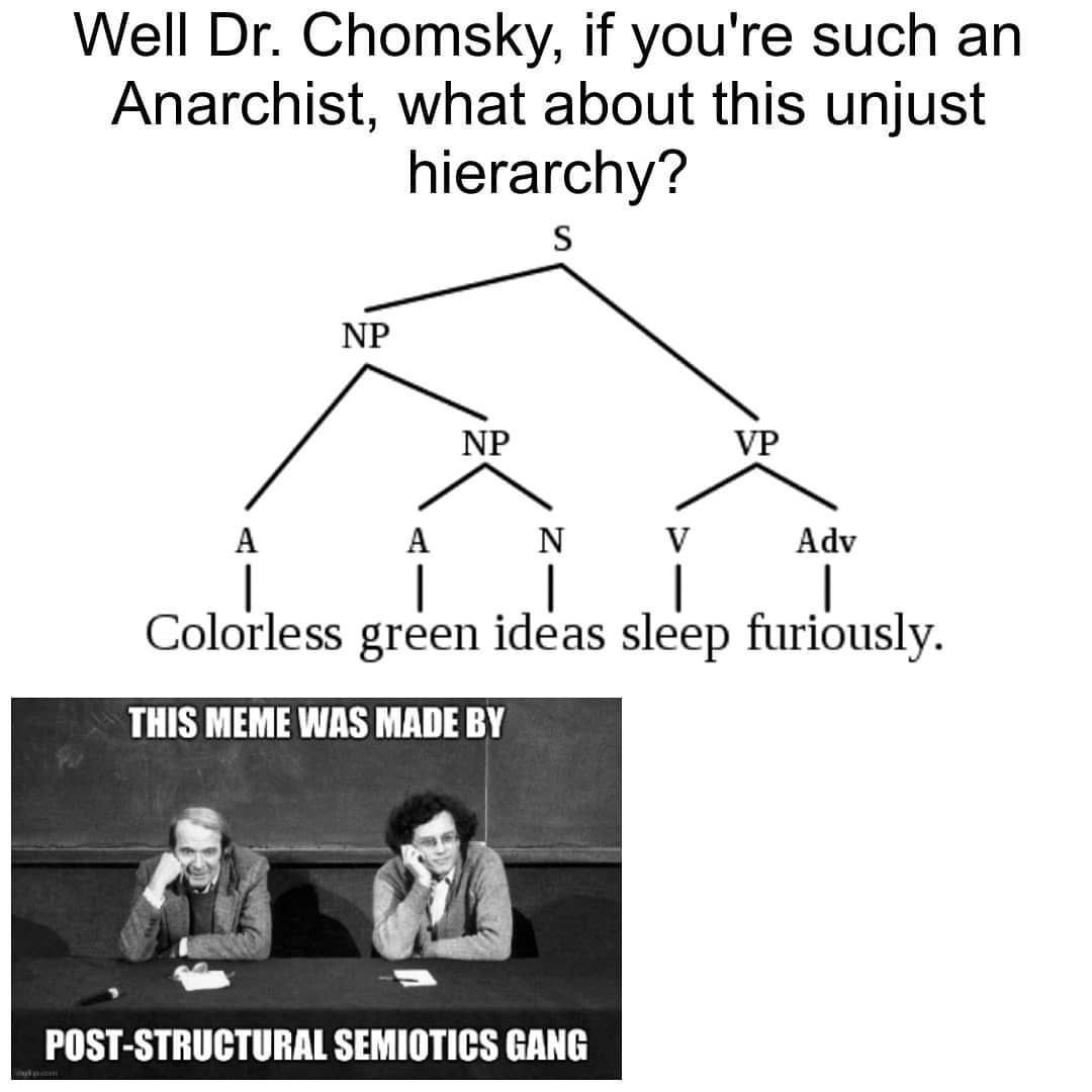Well Chomsky, if you're such Anarchist, what about this unjust hierarchy? Adv Colorless green ideas sleep furiously. THIS MEME WAS MADE POST-STRUCTURAL SEMIOTICS GANG