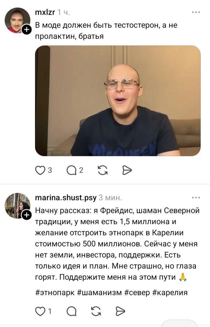 1 В моде должен быть тестостерон, а не пролактин, братья marina.shust.psy 3 мин. 10 Начну рассказ: я Фрейдис, шаман Северной традиции, у меня есть 1,5 миллиона и желание отстроить этнопарк в Карелии с