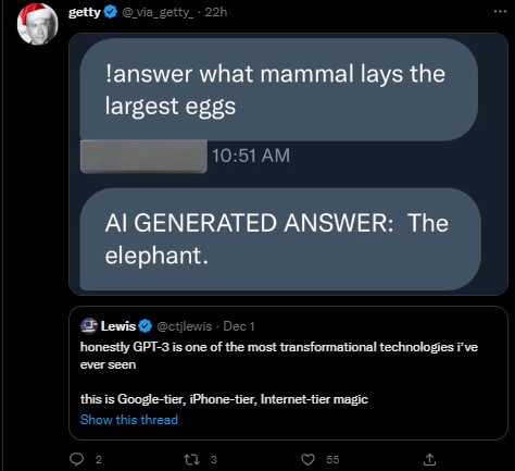 5ену@ @vie_getty_- 55 10:51 Lewis @ctilewis Оес1 honestly GPT-3 is one of the most transformational technologies Руе ever seen this is Google-tier, iPhone-tier, Internet-tier magic Show this thread О 