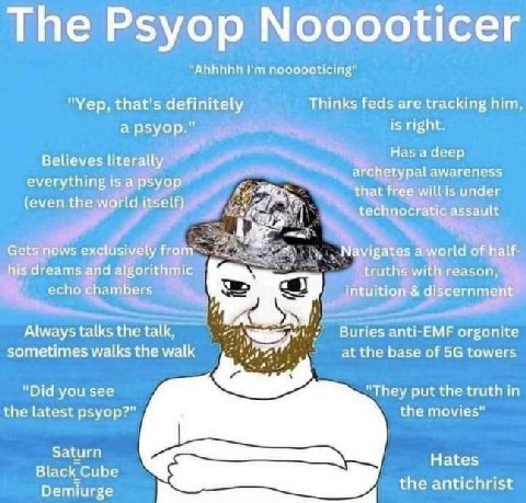 The "Yep, that's definitely Thinks feds are tracking him, а рзуор." Believes literally Has а deep everythme 15 a psyo archetypal awareness Psyop that free willis under (even the world itself) technocr