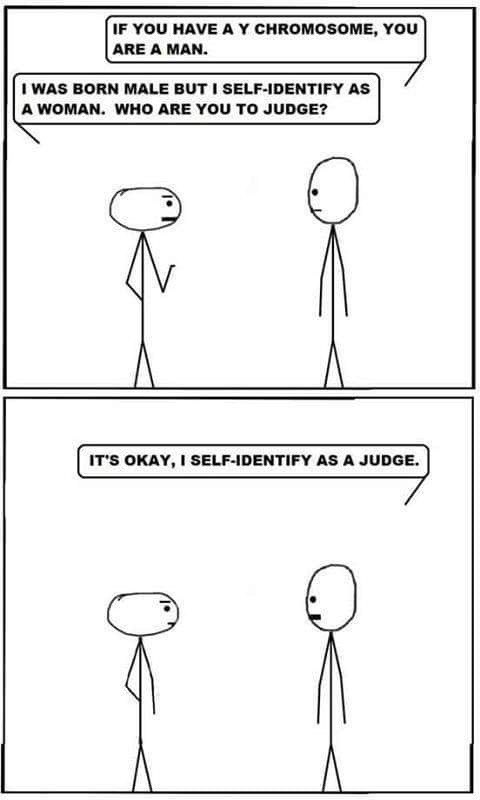 IF YOU HAVE А У CHROMOSOME, YOU ARE A MAN. WAS BORN MALE BUT 1 SELF-IDENTIFY AS А WHO ARE YOU TO JUDGE? IT'S OKAY, I SELF-IDENTIFY AS A JUDGE.