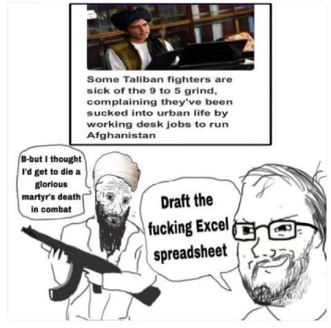 Some Taliban fighters are sick of the 9 to 5 grind complaining they've been working desk jobs to run sucked into urban life Afghanistan B-but thought get to glorious martyr's death in combat Draft the