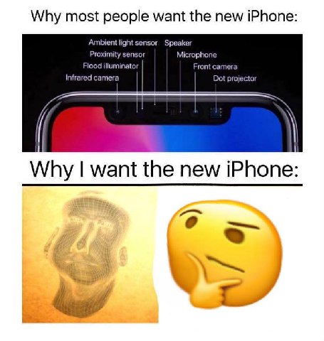 Why most people want the new iPhone: Ambient light sensor Speaker Proximity sensor Microphone Flood illuminator Front camera Infrared camera Dot projector Why want the new iPhone: