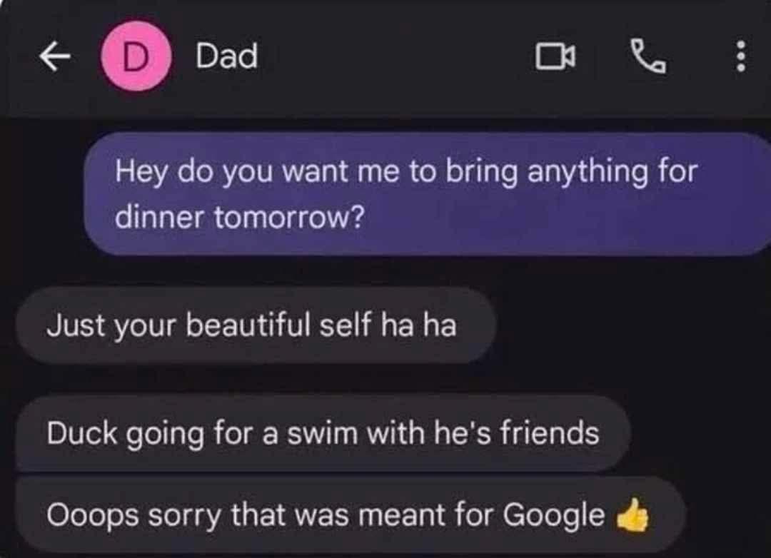 Dad Hey you want me to bring anything for dinner tomorrow? Just your beautiful self Duck going for a swim with he's friends Ooops sorry that was meant for Google
