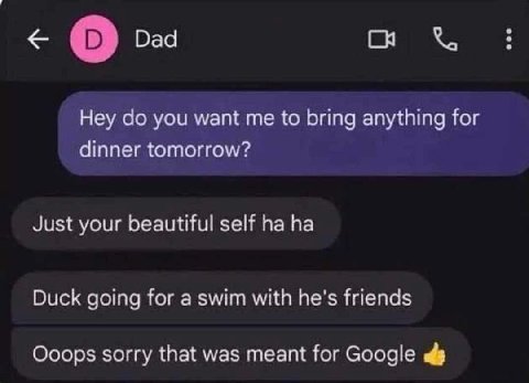 Dad Hey you want me to bring anything for dinner tomorrow? Just your beautiful self Duck going for a swim with he's friends Ooops sorry that was meant for Google