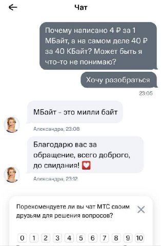 Чат Почему написано 4 за1 МБайт, а на самом деле 40 за 40 КБайт? Может быть я что-то не понимаю? Хочу разобраться 23:05 МБайт это милли байт в Александра, 23:08 Благодарю вас за обращение, всего добро