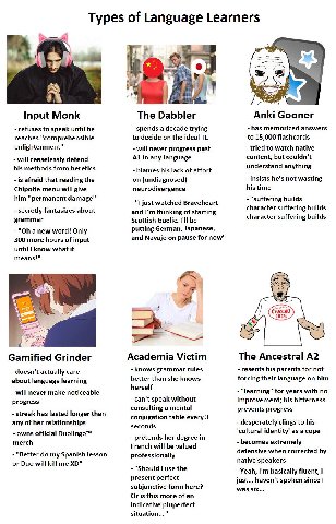 Types of Language Learners А 14 Input Monk The Dabbler Anki Gooner refuses to speak until he spends a decade trying has memorized answers reaches "comprehensible to decide on the ideal to 15,000 flash