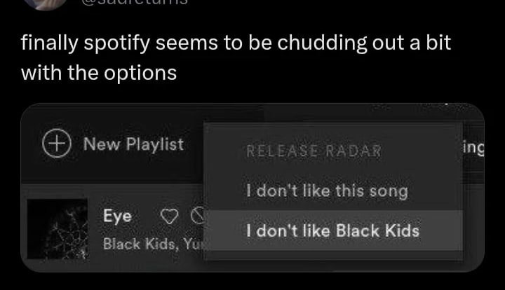 finally spotify seems to be chudding out a bit with the options New Playlist RELEASE RADAR ing don't like this song Eye don't like Black Kids Biack Kids,