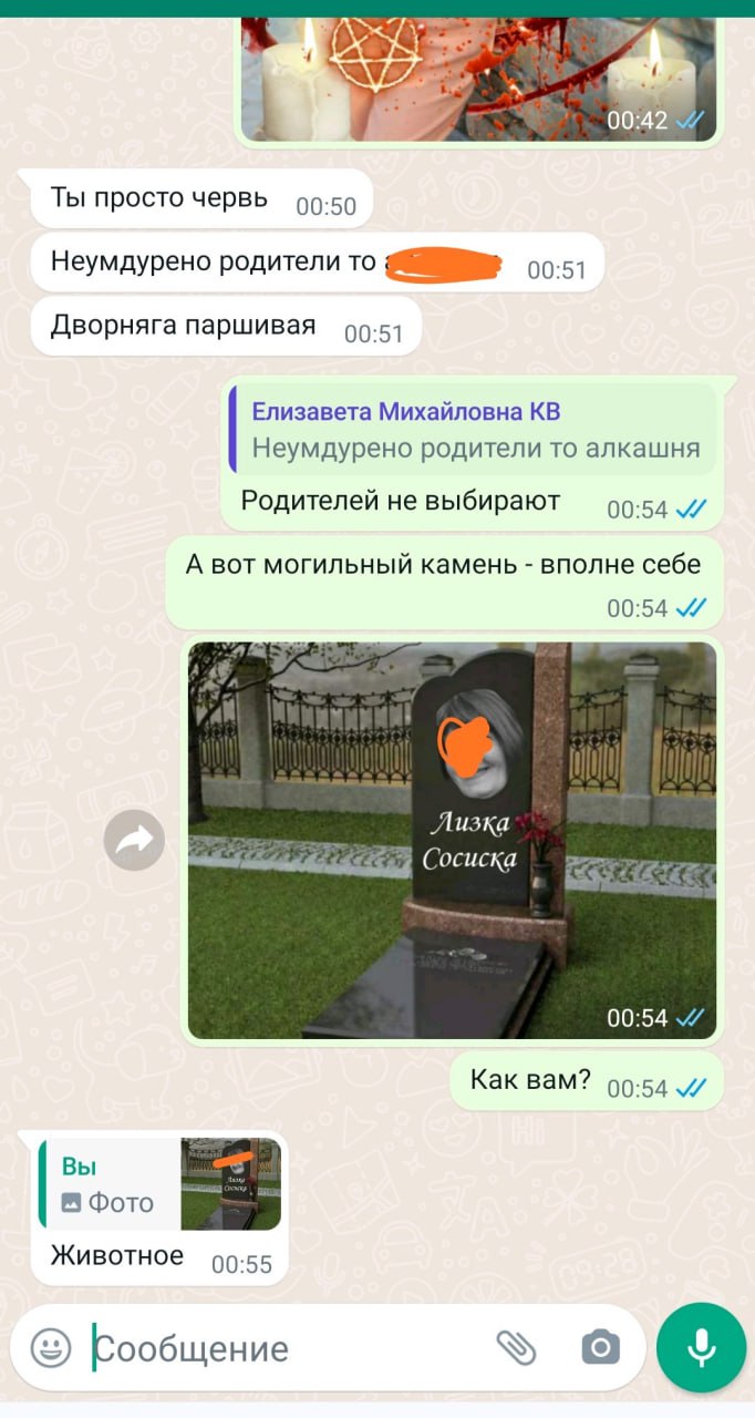 0 Ты просто червь 00:50 Неумдурено родители то 00:51 Дворняга паршивая 00.51 Елизавета Михайловна Неумдурено родители то алкашня Родителей не выбирают 00:54 А вот могильный камень вполне себе 00:54 4 