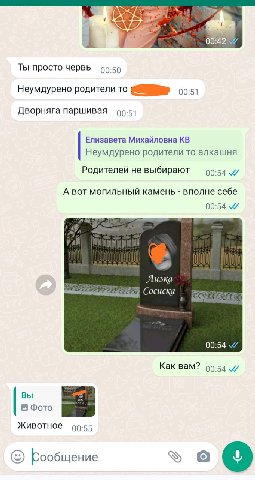 0 Ты просто червь 00:50 Неумдурено родители то 00:51 Дворняга паршивая 00.51 Елизавета Михайловна Неумдурено родители то алкашня Родителей не выбирают 00:54 А вот могильный камень вполне себе 00:54 4 