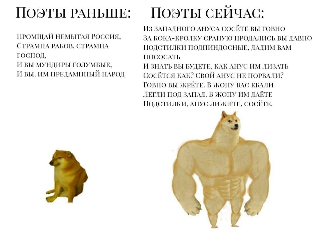 ПОЭТЫ РАНЬШЕ: ПОЭТЫ СЕЙЧАС: ИЗ ЗАПАДНОГО АНУСА СОСЁТЕ ВЫ ГОВНО ПРОМЩАЙ НЕМЫТАЯ РОССИЯ, ЗА КОКА-КРОЛКУ СРАНУЮ ПРОДАЛИСЬ ВЫ ДАВНО СТРАМНА РАБОВ, СТРАМНА ПОДСТИЛКИ ПОДПИНДОСНЫЕ, ДАДИМ ВАМ ПОСОСАТЬ И ВЫ М