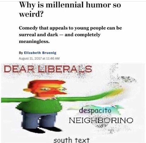 Why is millennial humor so weird? Comedy that appeals to young people can be surreal and dark and completely meaningless. Elizabeth Bruenig August 11, 2017 at 11:46 NEIGHBORINO south text
