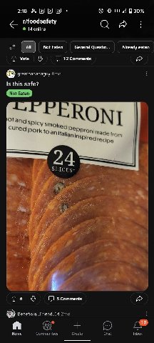2:18 ПЕД 930% t/foodsafety 14 online NotEaten General Questio.. Already eaten Vote 12 Comments greatbananaguy Is this safe? Otan spic Cured iraq rac ine \SLICES* у 3 7 4 я 5 Comments Beneficial_Friend