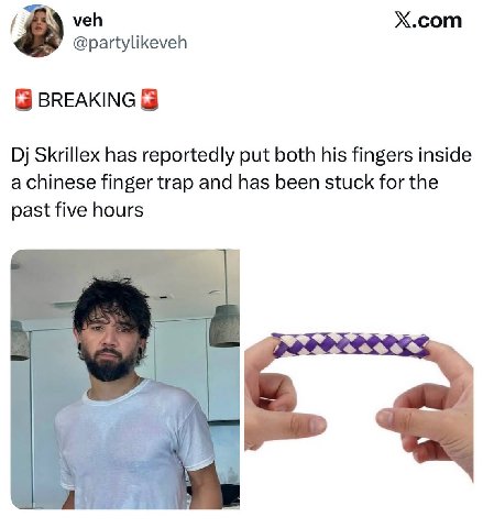veh X.com @partylikeveh BREAKING Skrillex has reportedly put both his fingers inside a chinese finger trap and has been stuck for the past five hours