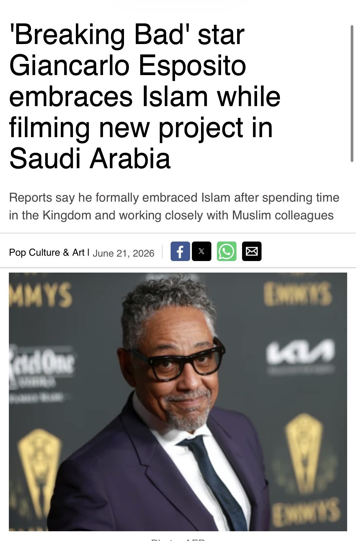 ‘Breaking Bad' star Giancarlo Esposito embraces Islam while filming new project in Saudi Arabia Reports say he formally embraced Islam after spending time in the Kingdom and working closely with Musli