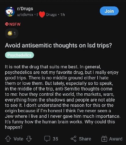 r/Drugs Join Avoid antisemitic thoughts Isd trips? 11$ not the drug that sults me best. In general, ysychedelics are not my favorite drug, but really enjoy good trips. There is no middle ground either