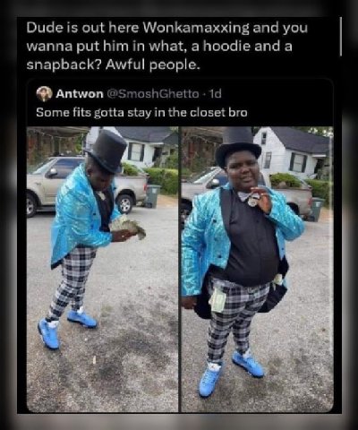Dude is out here Wonkamaxxing and you wanna put him in what, a hoodie and a snapback? Awful people. Antwon @SmoshGhetto fits gotta stay the closet bro НЕ