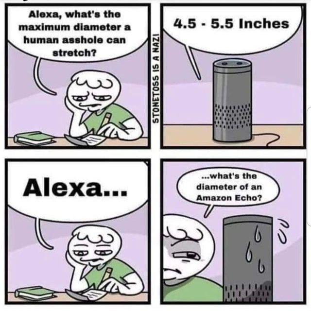 Alexa, what's the maximum diameter a 4.5 5.5 Inches human asshole can stretch? the diameter of an Amazon Echo?