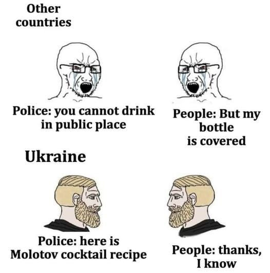 Other countries Police: you cannot drink But my in public place bottle is covered Ukraine a) Police: here is Molotov cocktail recipe People: thanks, I know