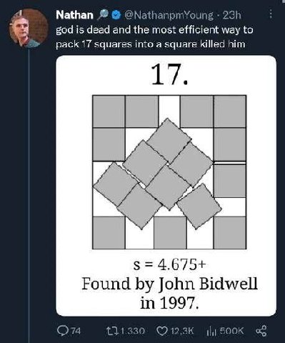а Nathan god is dead and the most efficient way to pack 17 squares into a square killed him 4.675+ Found John Bidwell in 1997. ©12;3к