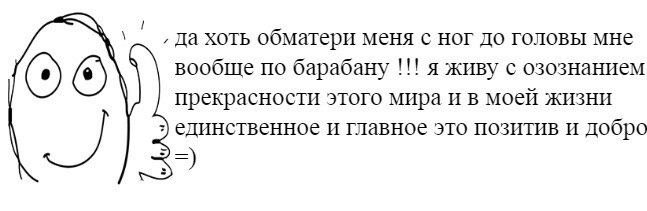 Да хоть обматери меня с ног до головы мне вообще по барабану я живу с озознанием прекрасности этого мира моей жизни единственное И главное это позитив добро