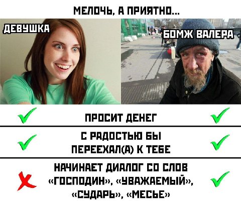 МЕЛОЧЬ, А ДЕВУШКА i! БОМЖ ВАЛЕРА ПРОСИТ ДЕНЕГ у С РАДОСТЬЮ БЫ ПЕРЕЕХАЛ(А) К ТЕБЕ НАЧИНАЕТ ДИАЛОГ СЛОВ «ГОСПОДИН», «ЧВАЖАЕМЫЙ», «СУДАРЬ», «МЕСЬЕ»
