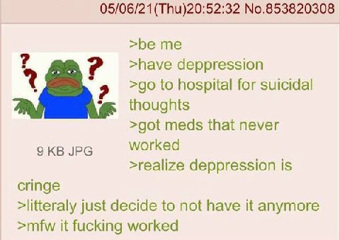 No.853820308 >be me >have deppression to hospital for suicidal thoughts >got meds that never JPG worked >realize deppression 1$ cringe >litteraly just decide to not have it anymore >mfw it fucking wor
