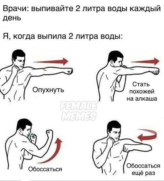 Врачи: выпивайте 2 литра воды каждый день Я, когда выпила 2 литра воды: Стать Опухнуть похожей на алкаша Обоссаться Обоссаться ещё раз