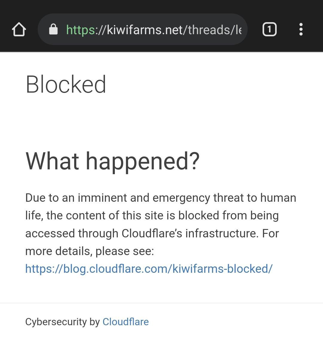 Blocked What happened? Due to an imminent and emergency threat to human life, the content of this site is blocked from being accessed through Cloudflare’s infrastructure. For more details, please see:
