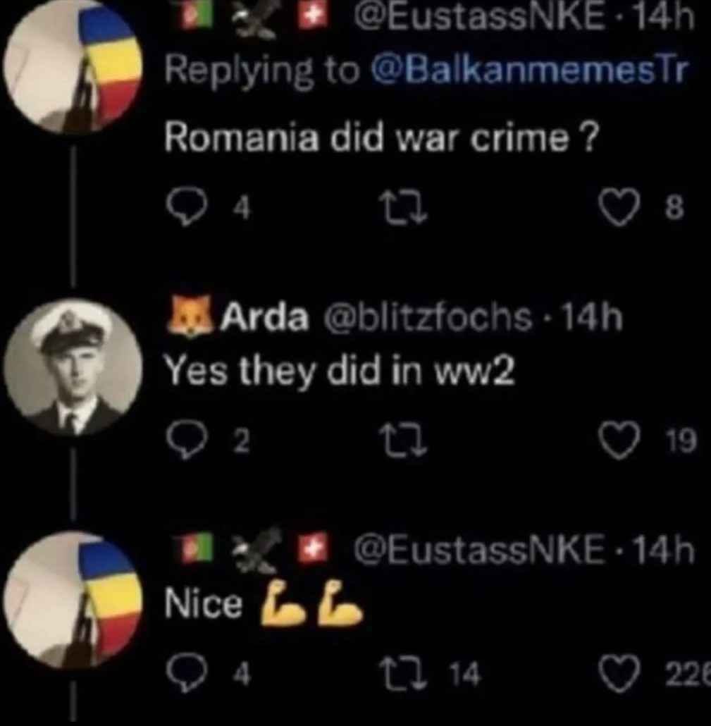Replying to Romania did war crime 4 8 @blitzfochs Yes they did in 2 19 @EustassNKE Nice 4 14 7 22