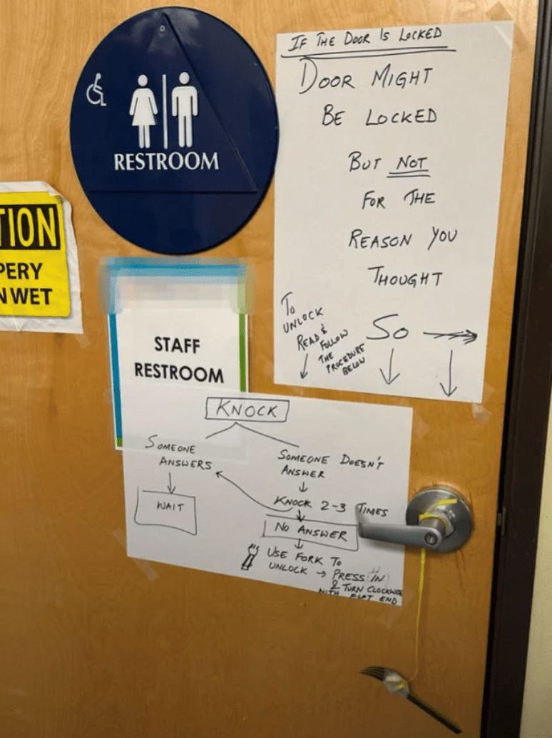 tne 15 6 Door. Мент RESTROOM Bor Ner For Reason ERY WET STAFF At RESTROOM 55 OME one ANSWERS Someone Dees Answer Knock. 2 3 ‘MES Ажк 7, Press