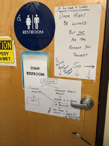 tne 15 6 Door. Мент RESTROOM Bor Ner For Reason ERY WET STAFF At RESTROOM 55 OME one ANSWERS Someone Dees Answer Knock. 2 3 ‘MES Ажк 7, Press