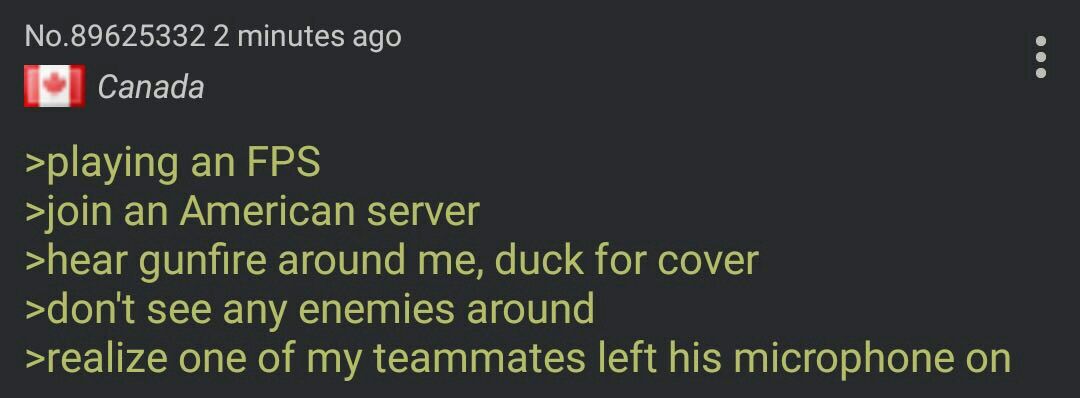 No.89625332 2 minutes ago canada >playing an FPS >join an American server >hear gunfire around me, duck for cover >dont see any enemies around >realize one of my teammates left his microphone on