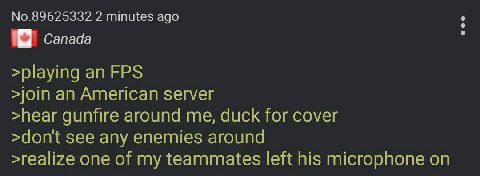 No.89625332 2 minutes ago canada >playing an FPS >join an American server >hear gunfire around me, duck for cover >dont see any enemies around >realize one of my teammates left his microphone on