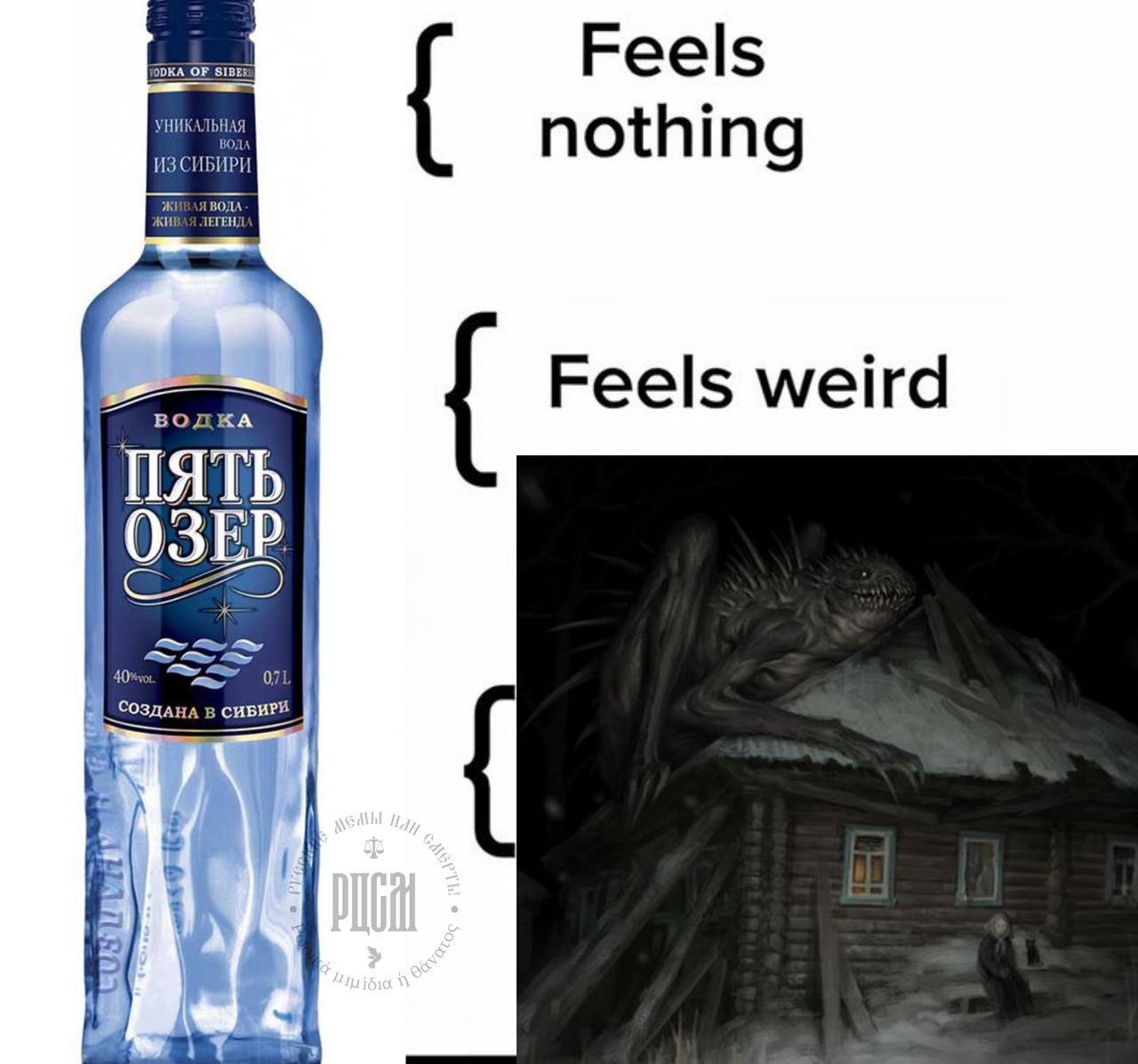 ОКА OF SIBER Feels НИКАЛЬНАЯ nothing ВОДКА ПЯТЬ Feels weird O3EP я 40: 0 Cosy СИБИРИ