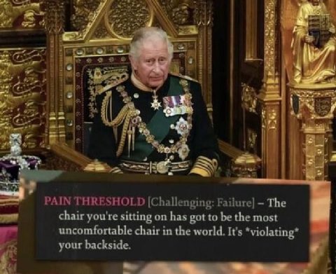 и у a a PAIN THRESHOLD [Challenging: Failure] The chair you're sitting on has got to be the most uncomfortable chair in the world. It's *violating* your backside.