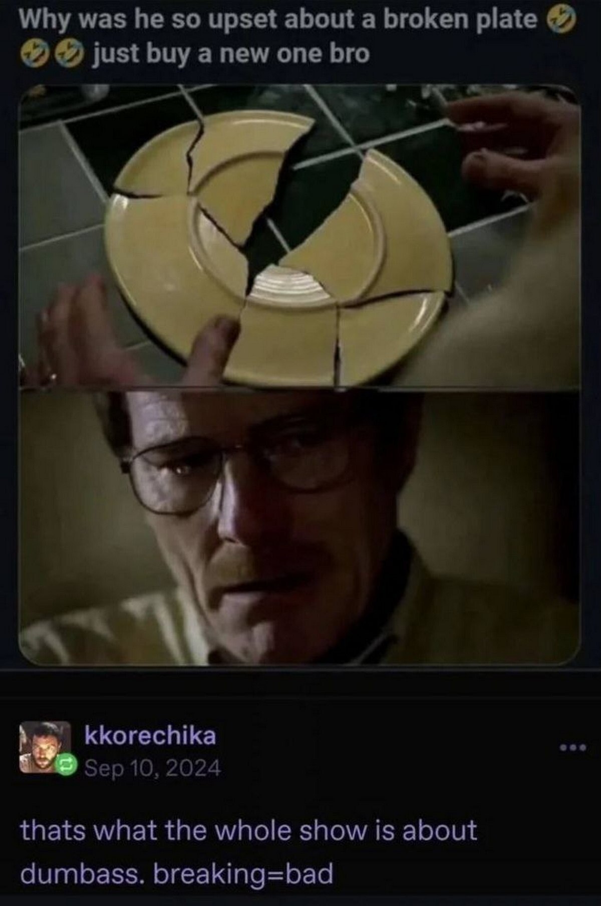 Why was he so upset about a broken plate just buy a new one bro a Зер 10, 2024 thats what the whole show is about dumbass. breaking=bad