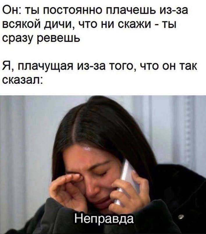 Он: ты постоянно плачешь из-за всякой дичи, что ни скажи ты сразу ревешь Я, плачущая из-за того, что он так сказал: Неправда