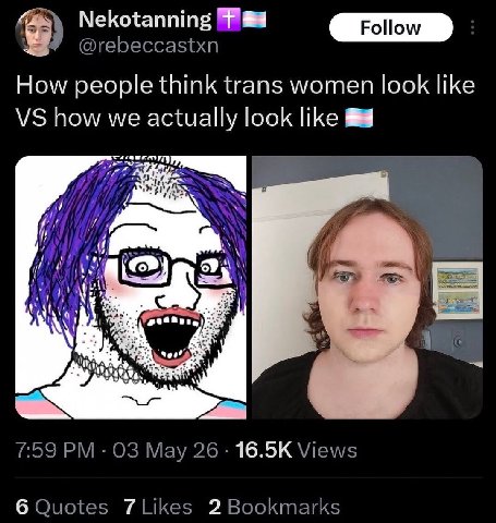 Nekotanning @rebeccastxn How people think trans women look like how we actually look И a 7:59 03 Мау 26 16.5К Views 6 Quotes 7Likes 2 Bookmarks