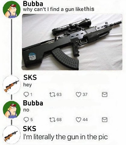why find a gun likethis SKS hey 63 (7 37 Bubba no 4 1168 SKS literally the gun in the pic