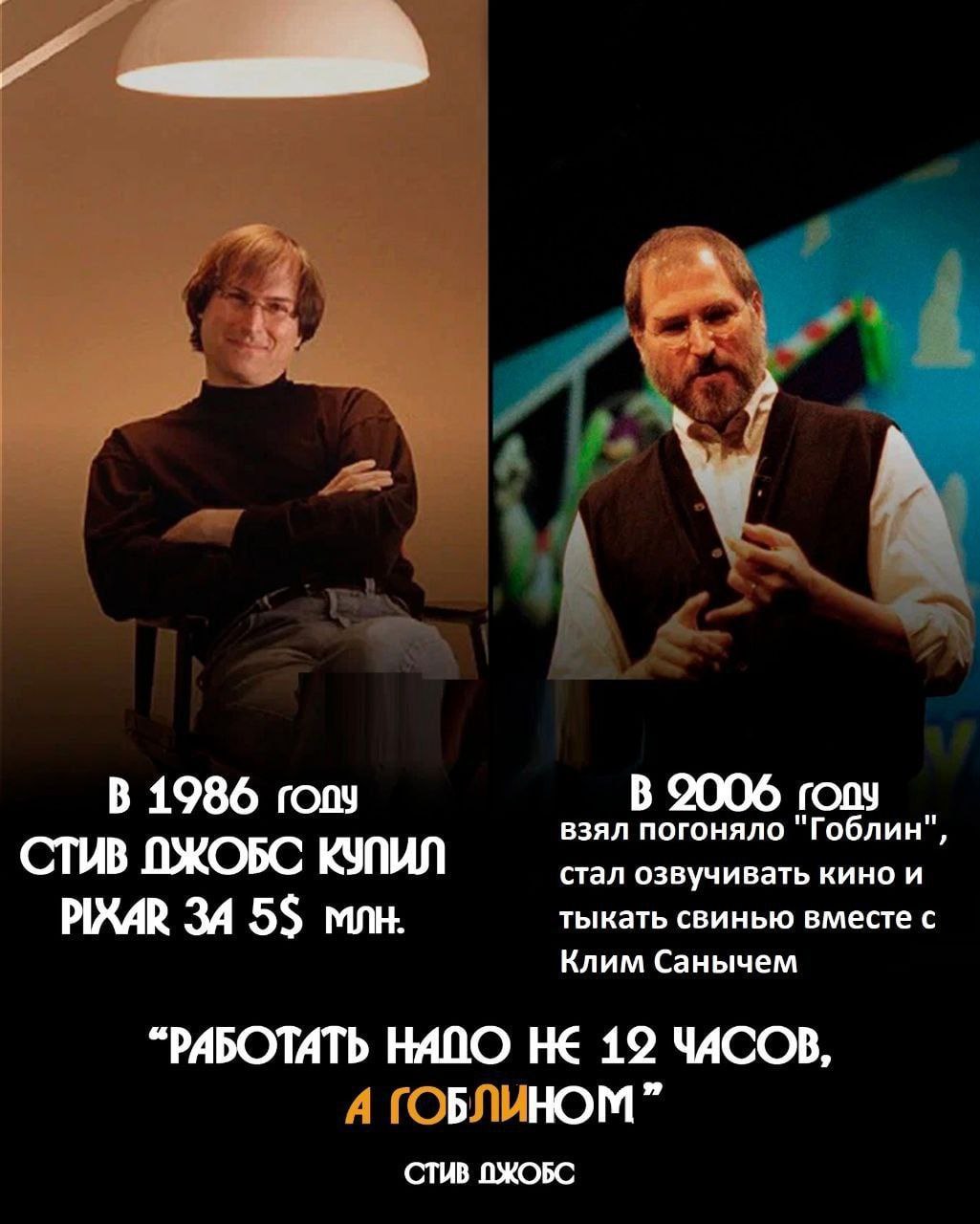 у В 1986 rony взял погоняло "Гоблин" CTUB ПЖОБС КУПИЛ стал озвучивать кино и PIXAR ЗА 55$ млн. тыкать свинью вместе с Клим Санычем “РАБОТАТЬ HANO НЕ 12 ЧАСОВ, А ГОБЛИНОМ” СТИВ ПЖОБС
