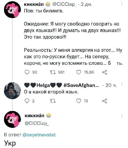 киккиап @CiCCiap_- 2 Пов: ты билингв. Ожидание: Я могу свободно говорить на двух языках!!! И думать на двух языках!!! Это так Реальность: У меня аллергия на этот... Ну как это по-русски будет... На се