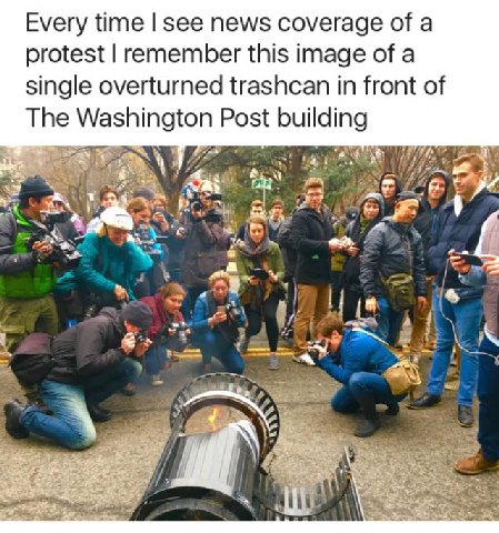 Every time see news coverage of a protest remember this image of a single overturned trashcan in front of The Washington Post building of A 4 1) у as а 4 у