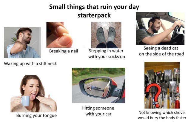 Small things that ruin your day starterpack 4 Seeing a dead cat у on the side of the road У with your socks on Waking up with a stiff neck 4 Hitting someone with your саг Not knowing which shovel Burn