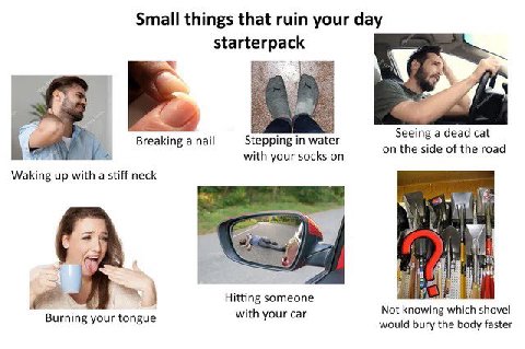 Small things that ruin your day starterpack 4 Seeing a dead cat у on the side of the road У with your socks on Waking up with a stiff neck 4 Hitting someone with your саг Not knowing which shovel Burn