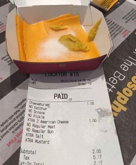 4 Order PAID urger 4 TRA 2 Cheese Regular Meat Bun Salt 29% Mustard 00 о