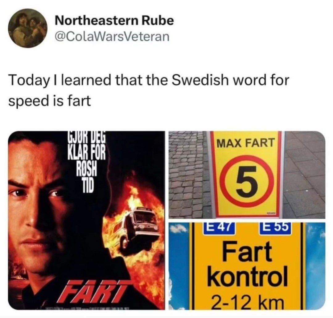 Northeastern Rube @ColaWarsVeteran Today learned that the Swedish word for speed is fart МАХ FART Fart kontrol 2-12