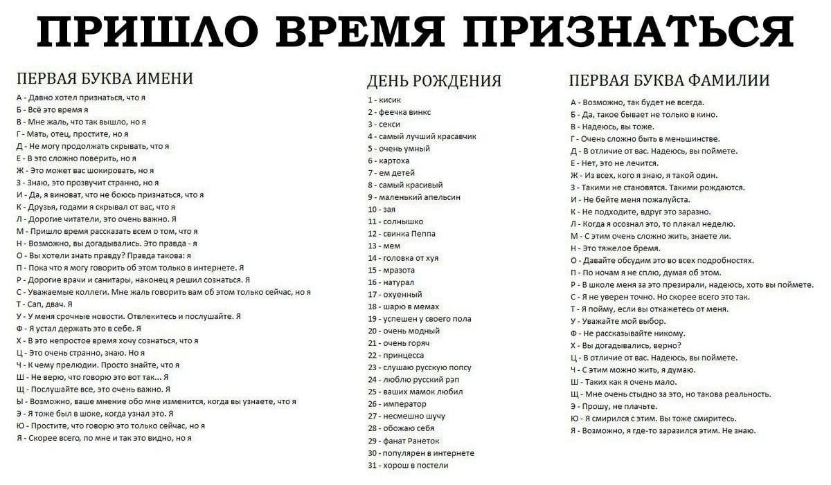ПРИШЛО ВРЕМЯ ПРИЗНАТЬСЯ ПЕРВАЯ БУКВА ИМЕНИ ПЕРВАЯ БУКВА ФАМИЛИИ ДЕНЬ РОЖДЕНИЯ А Давно хотел признаться, что я 1-кисик А Возможно, так будет не всегда. 6 Всё это время я 2- феечка винкс 5 Да, такое быв