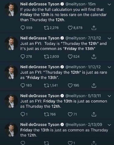 Мей deGrasse Tyson @neiltyson: If you the full calculation you will find that Friday the is no less rare on the calendar than Thursday the 559 8,878 Мей deGrasse Tyson 7/12/12 Just an FYI: Today is "T
